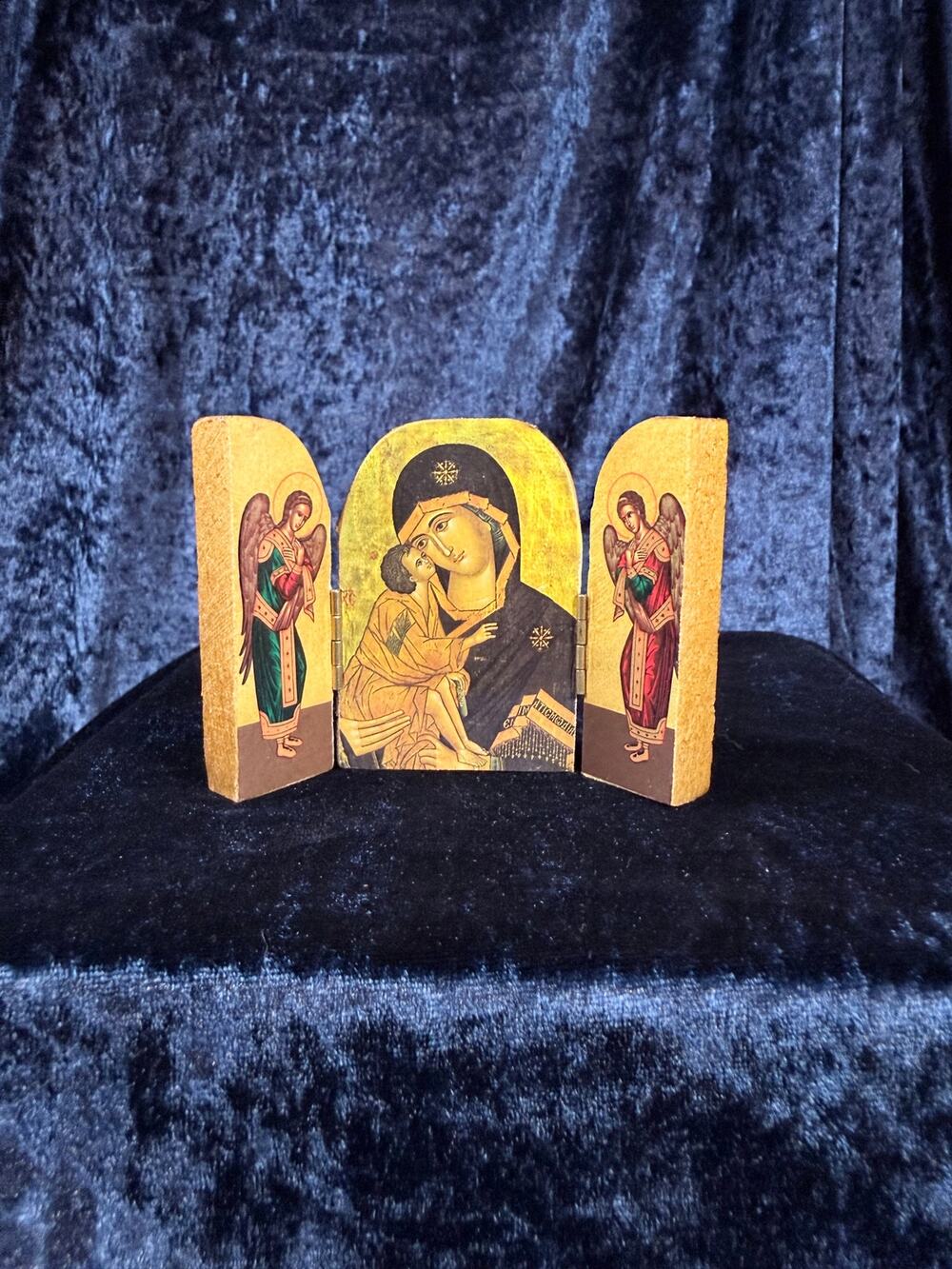 Vintage Decorative Wood Religious Triptych - Madonna and Child Folding Icon